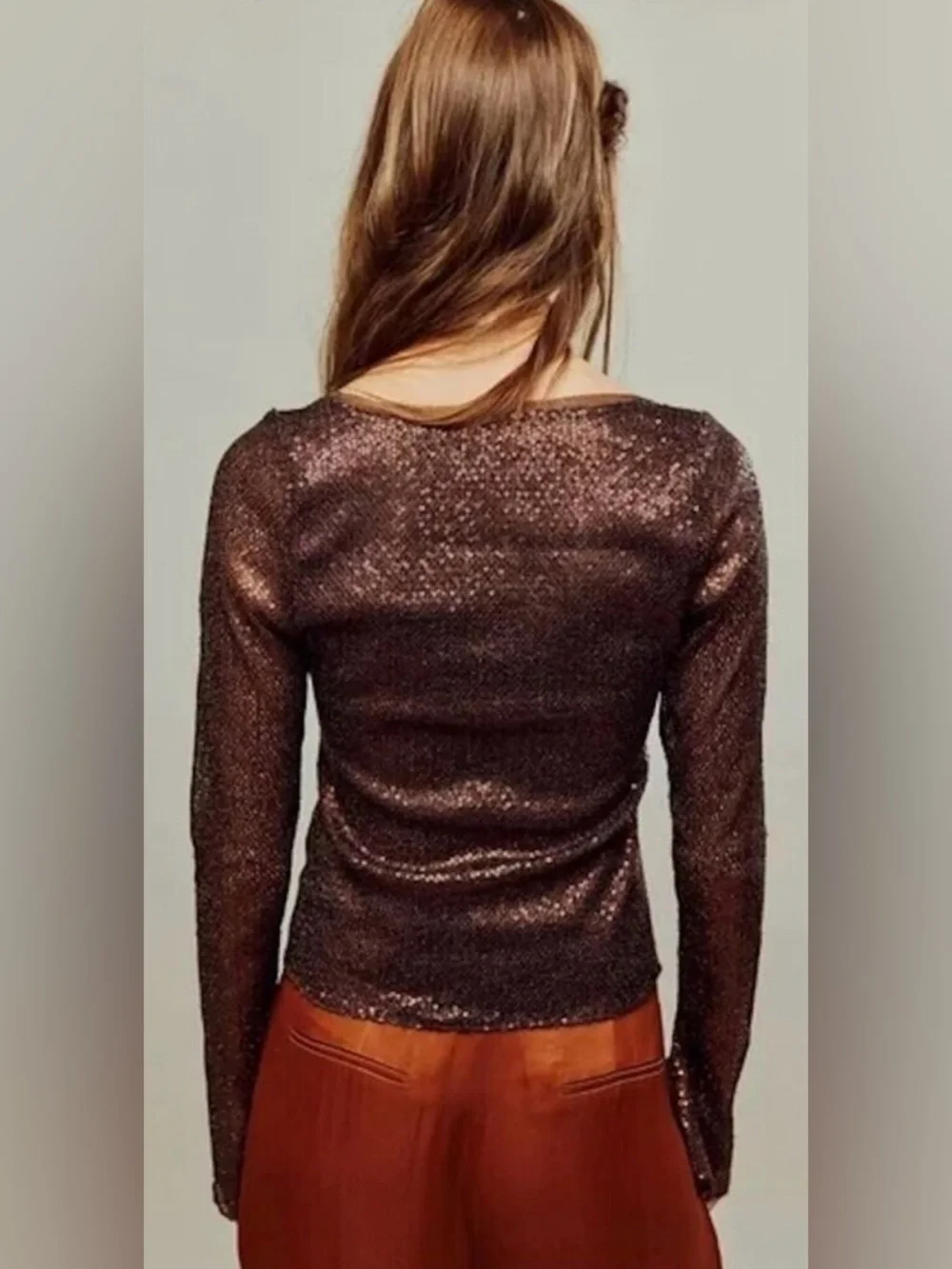 Free People - Late Night Disco Sequins Long Sleeve Fudge Brown Blouse Size Small
